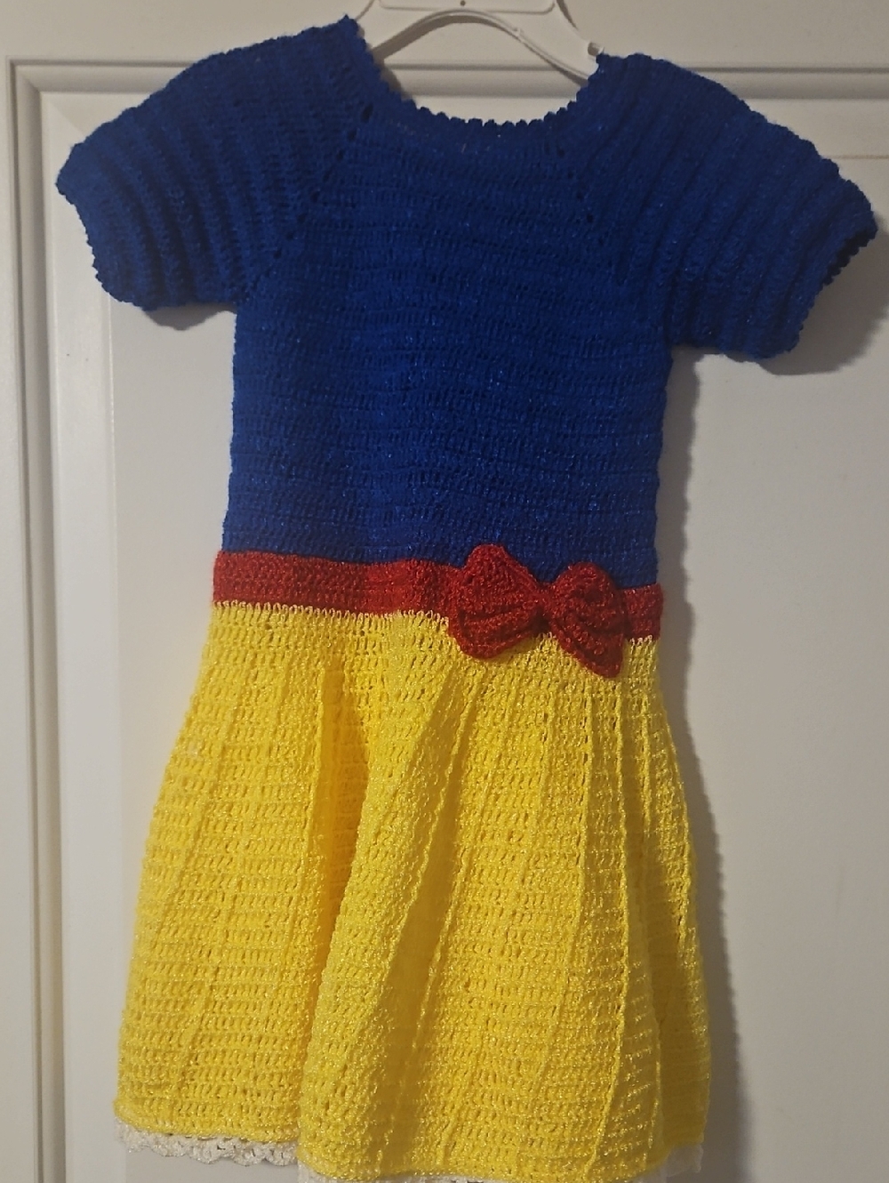 Handmade Blue and Yellow Girls Dress with Red Bow